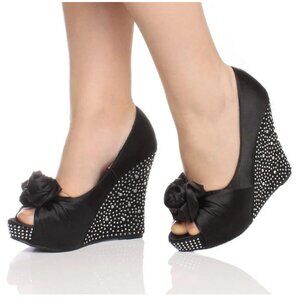FSJ Black Satin Platform Wedge Heels Rhinestone Peep Toe Pumps